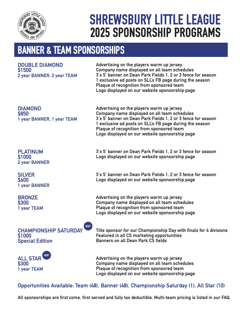 2025 SLL Team & Banner Sponsorship Information
